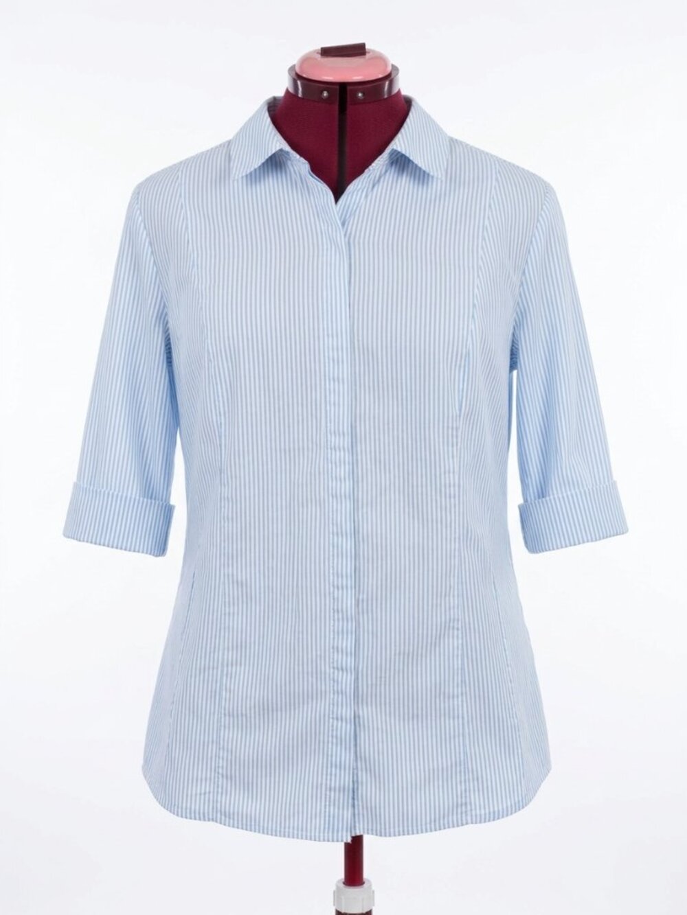 LE CHÂTEAU - Vintage Workwear Blue  White Vertical Striped Short Sleeve Top - XL